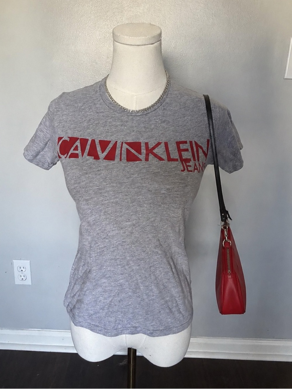 Calvin Klein Jeans Heather Gray Tee with Red Logo